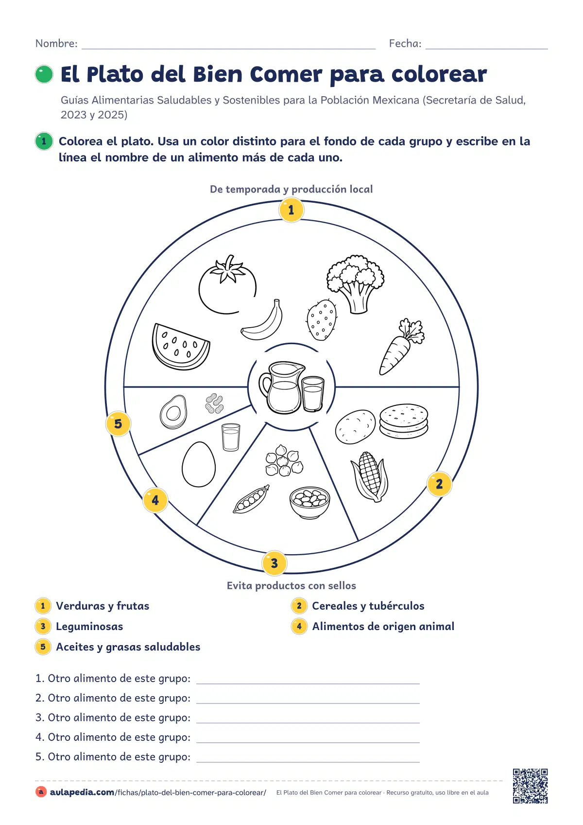 Primera página de la ficha «Plato del Bien Comer para colorear»: plato del Bien Comer para colorear o iluminar, con los cinco grupos de las guías de 2023 y 2025, el agua en el centro y sus nombres.