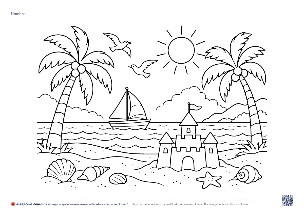 Primera página de la ficha «Playa con palmeras, velero y castillo de arena»: una playa con dos palmeras, un velero, un castillo de arena, conchas, estrella de mar, sol y gaviotas. Hoja apaisada de dificultad media.