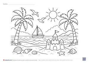 Vista previa de «Playa con palmeras, velero y castillo de arena»