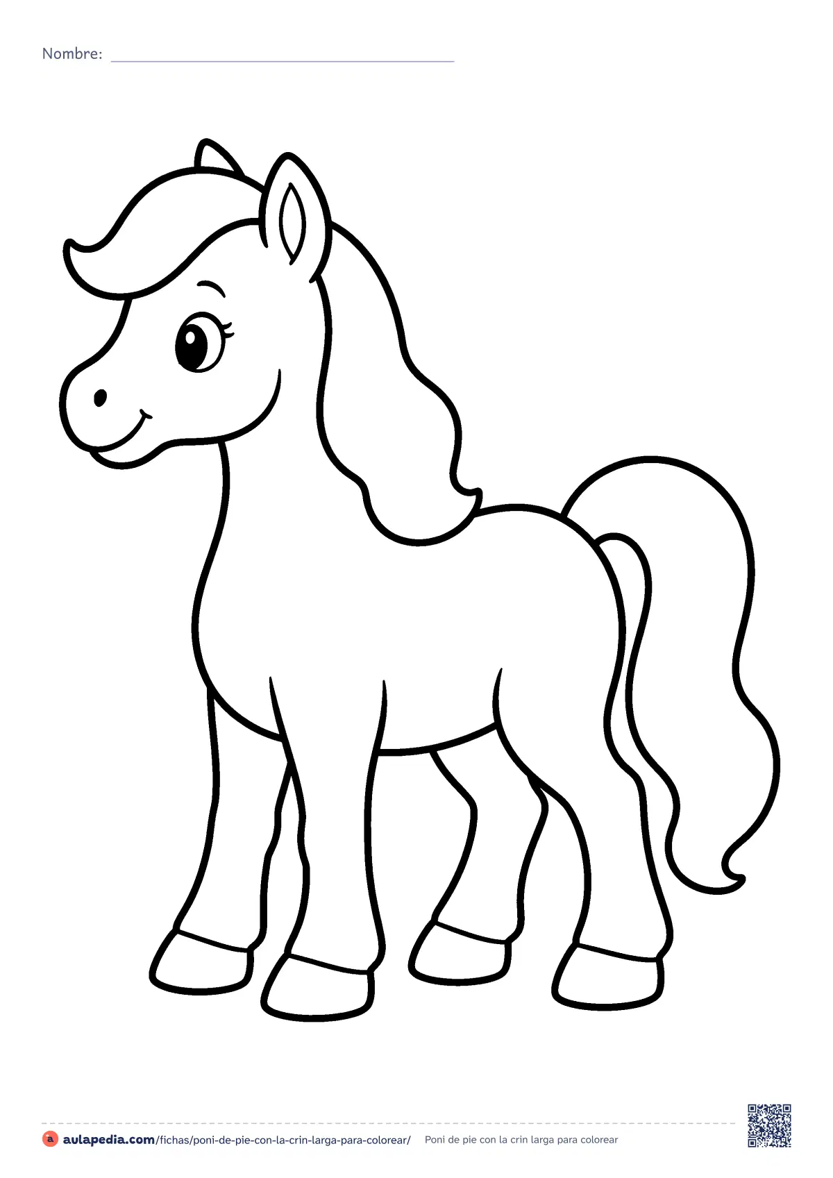 Primera página de la ficha «Poni de pie con la crin larga»: un poni de pie, de perfil, con flequillo, crin espesa y una cola larga y ondulada. Pocas zonas y contorno grueso para colorear;.