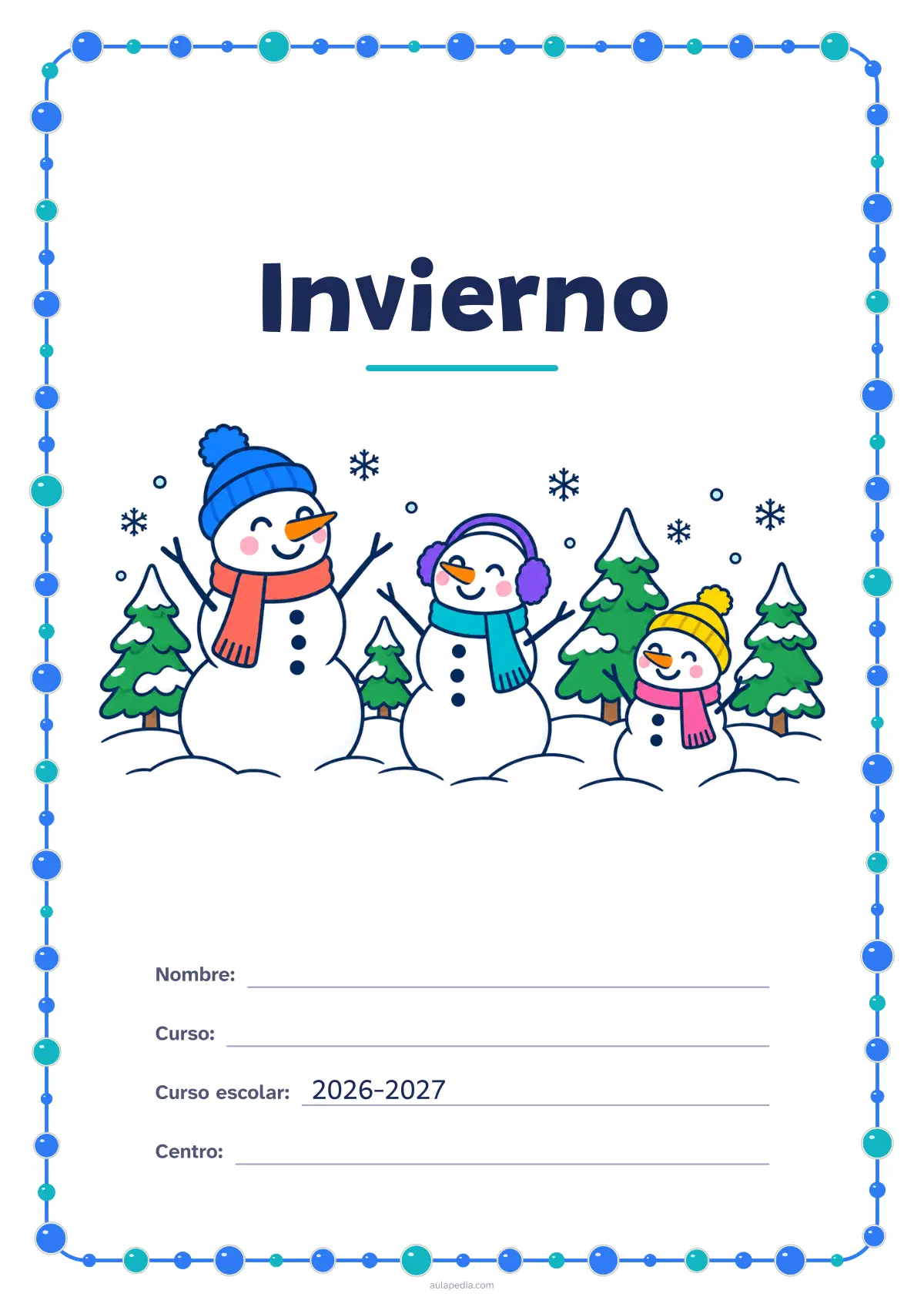 Primera página de la ficha «Portada: muñecos de nieve»: portada de invierno para el cuaderno con tres muñecos de nieve con gorros, bufandas y orejeras en un parque nevado: a color y para colorear.