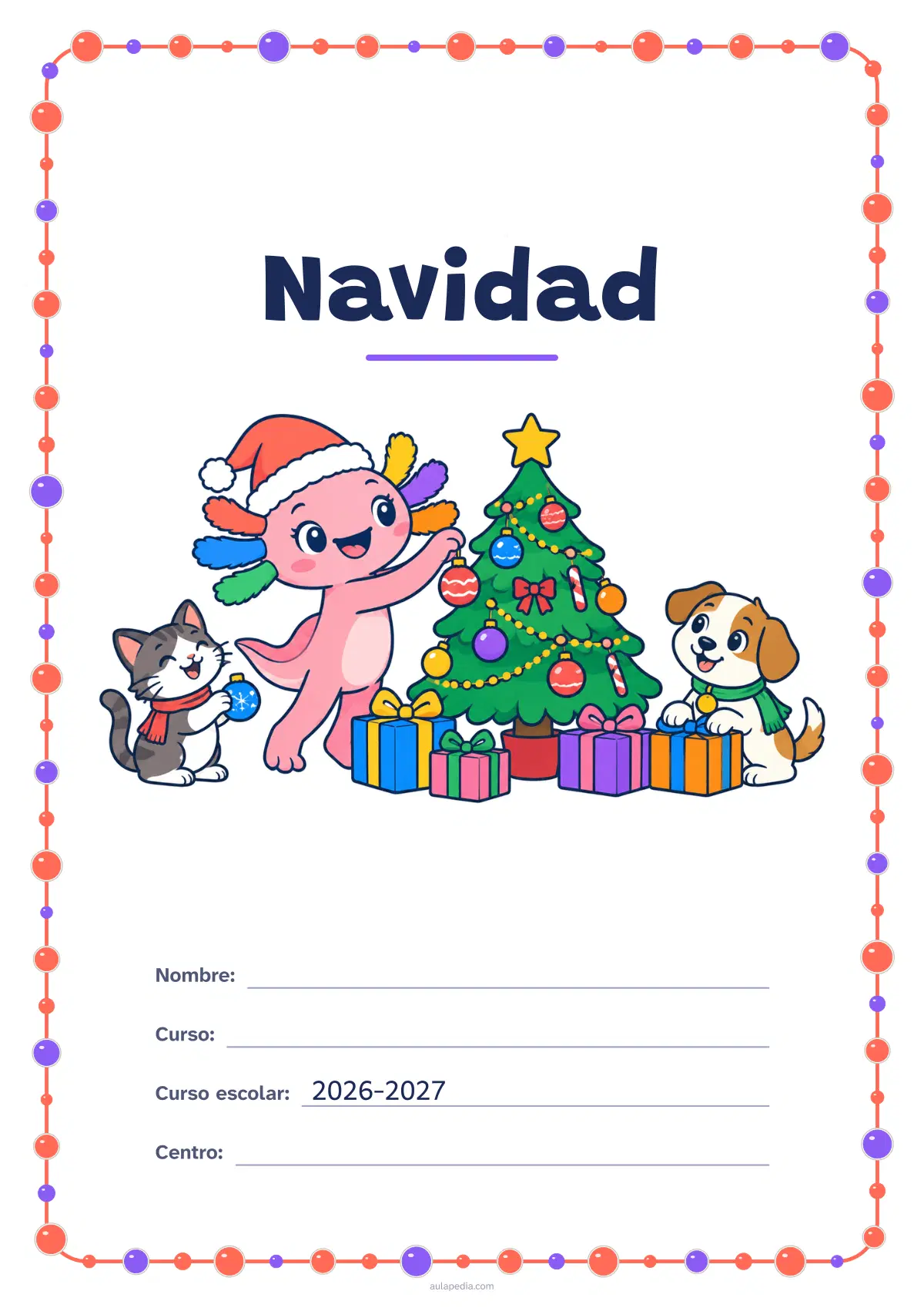 Primera página de la ficha «Portada: Axi y el árbol»: portada de Navidad con Axi, la ajolota de Aulapedia, que decora un árbol junto a un gato y un perrito entre regalos: a color y para colorear.