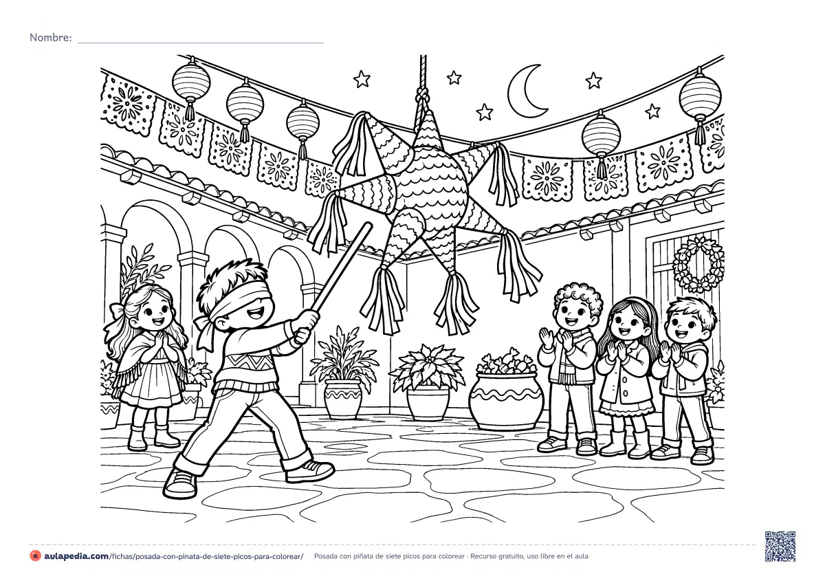 Primera página de la ficha «Posada con piñata de siete picos»: un niño con los ojos vendados golpea una piñata de siete picos y otros aplauden bajo el papel picado. Escena para.