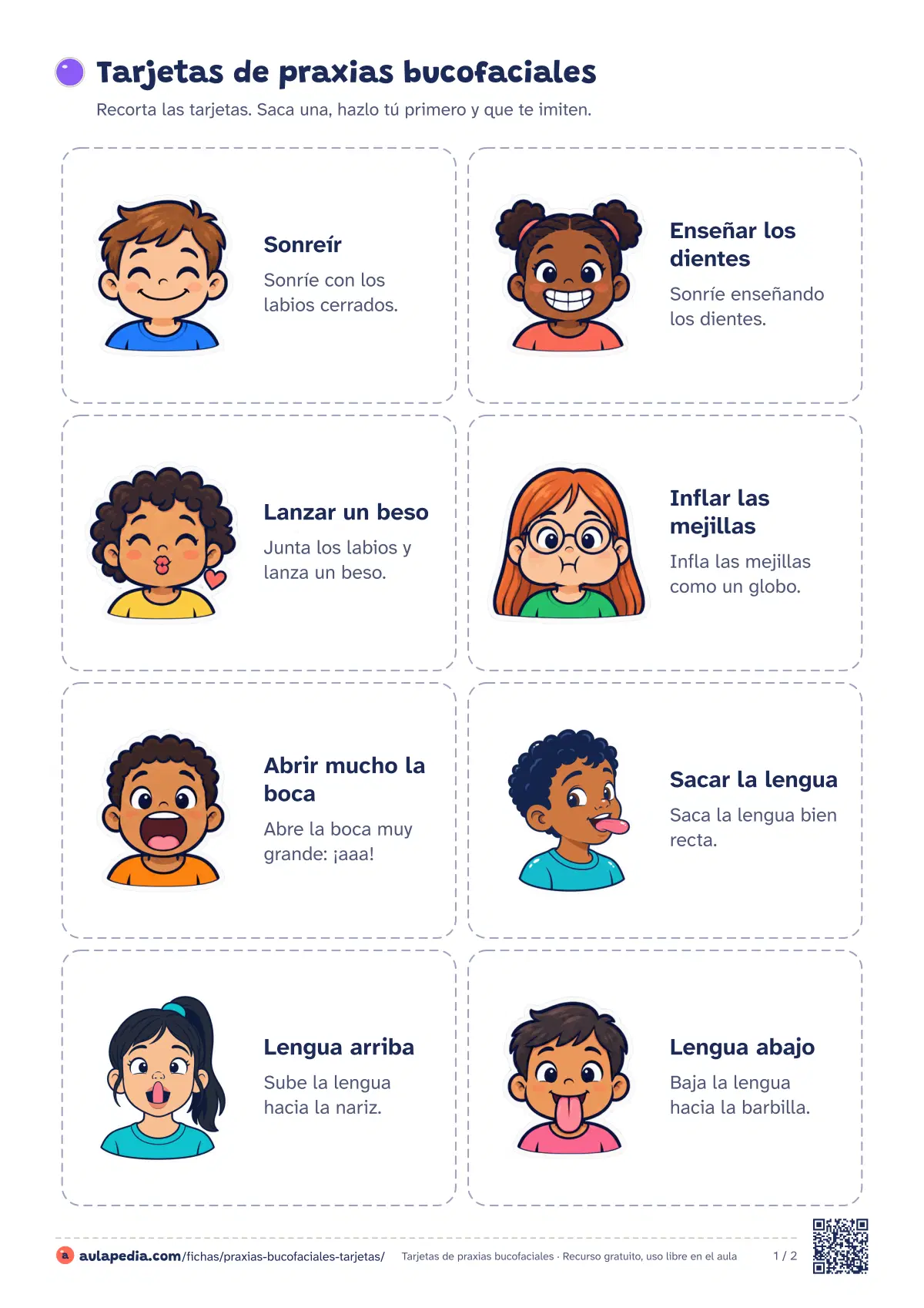 Primera página de la ficha «Tarjetas de praxias bucofaciales»: dieciséis tarjetas con caras de niños y niñas haciendo una praxia bucofacial (labios, lengua y cara), con su nombre y una instrucción corta.