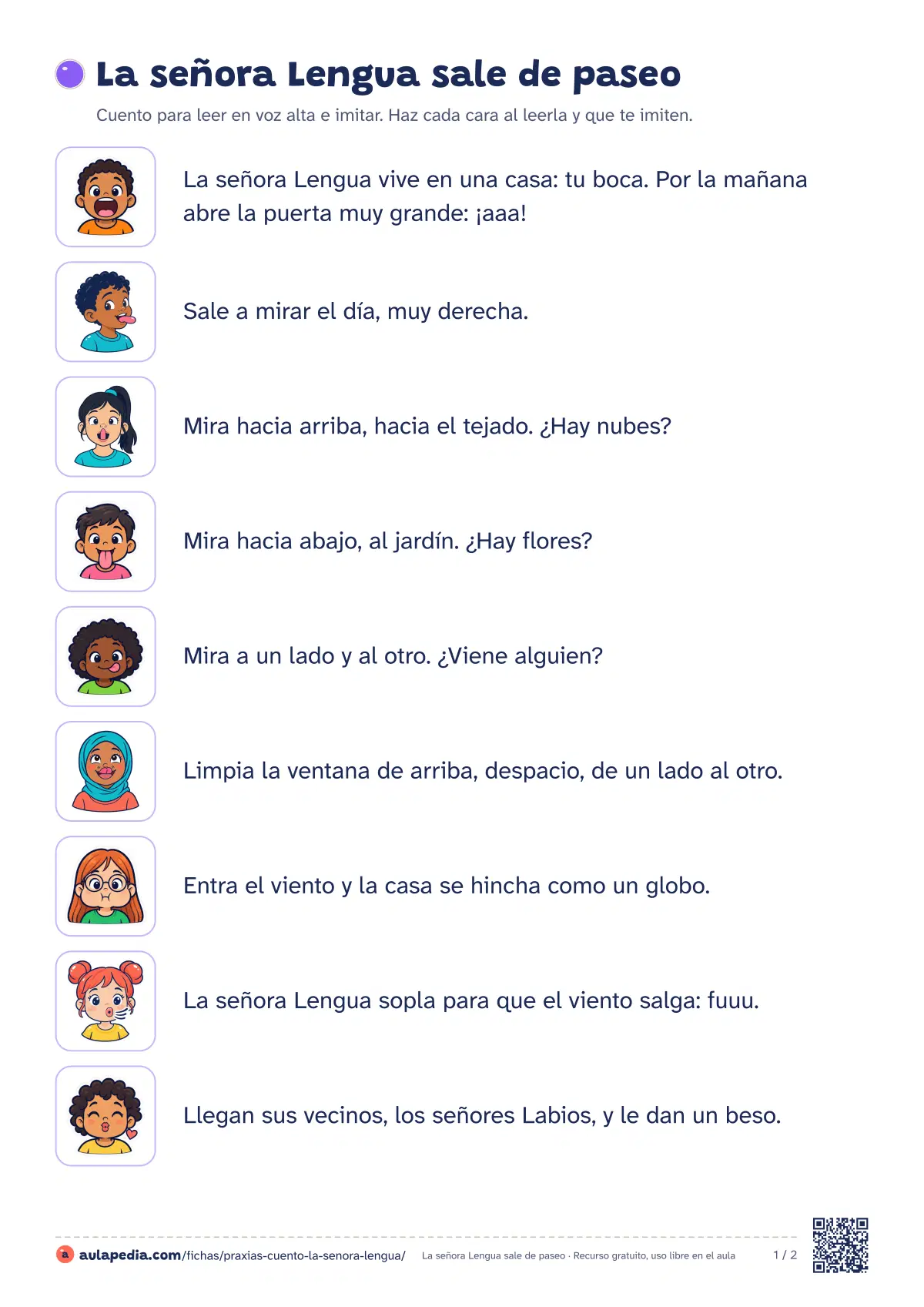 Primera página de la ficha «Cuento de la señora Lengua»: la lectura empieza «La señora Lengua vive en una casa: tu boca. Por la mañana abre la puerta muy grande: ¡aaa!…»