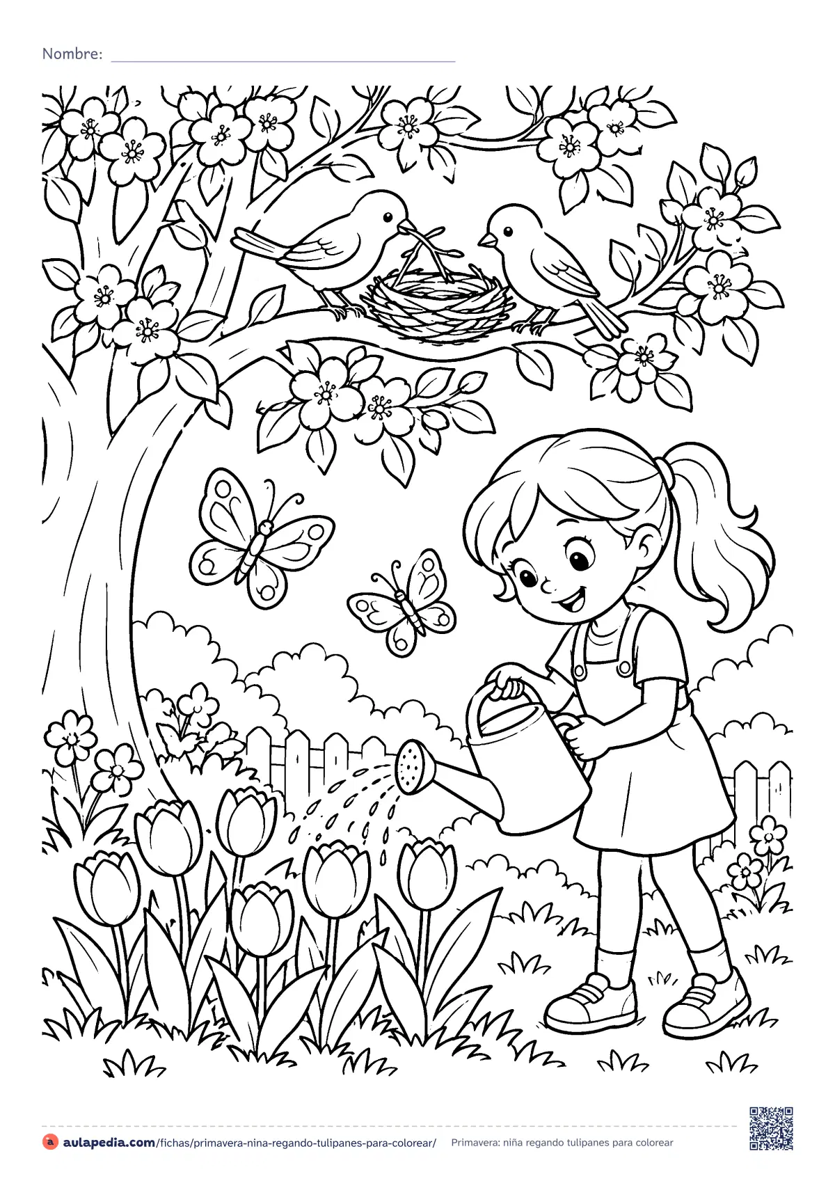 Primera página de la ficha «Primavera: niña regando tulipanes»: una niña riega los tulipanes bajo un árbol en flor, con dos pájaros que hacen el nido y dos mariposas.