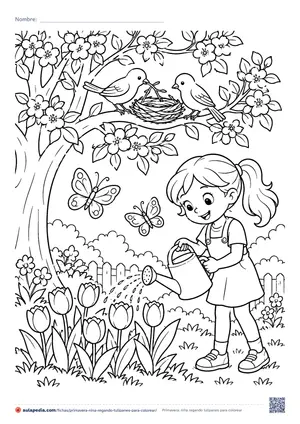 Vista previa de «Primavera: niña regando tulipanes»