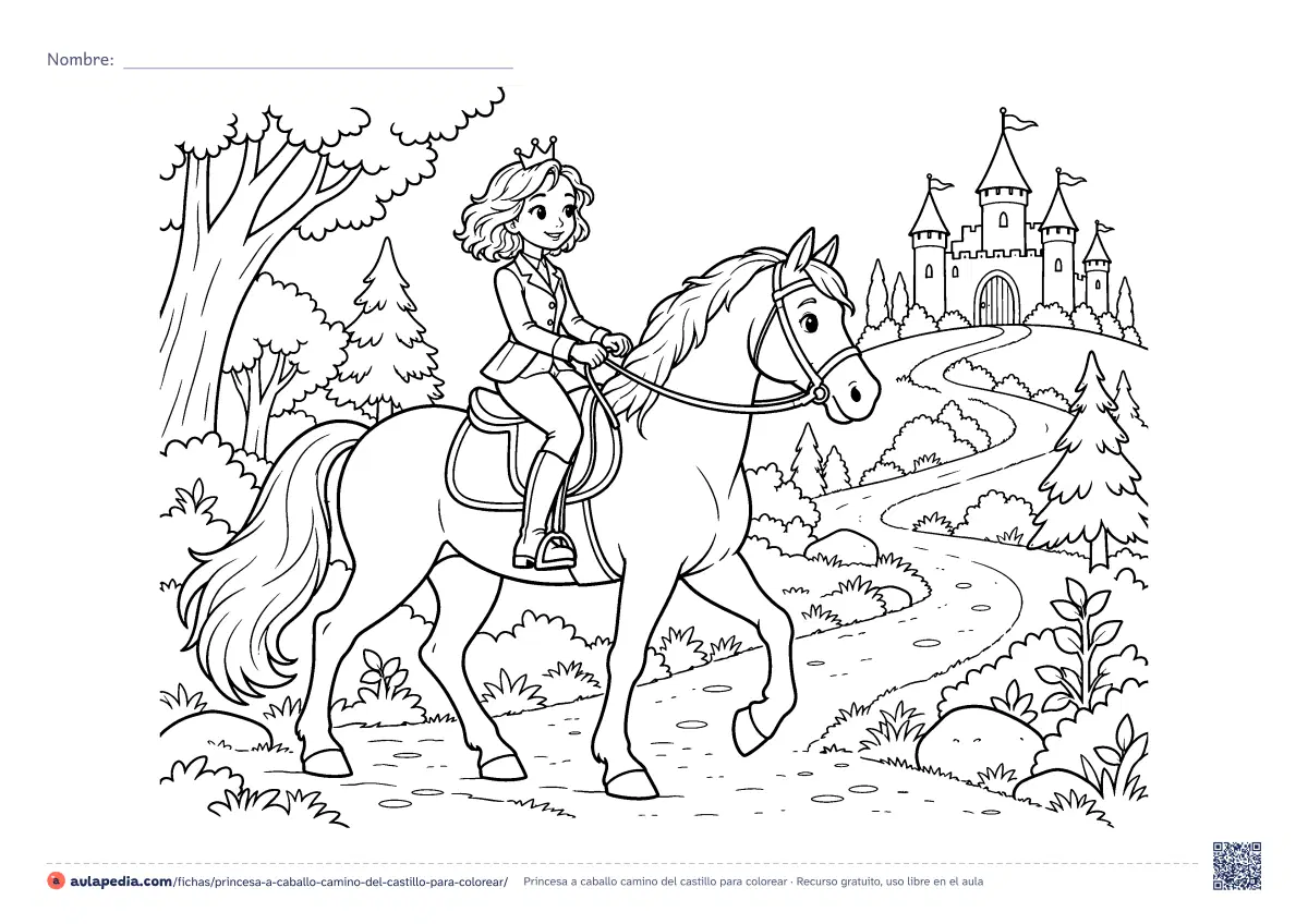 Primera página de la ficha «Princesa a caballo camino del castillo»: una princesa con chaqueta y botas de montar cabalga por el bosque hacia un castillo en la colina. Hoja apaisada para colorear, de dificultad media.