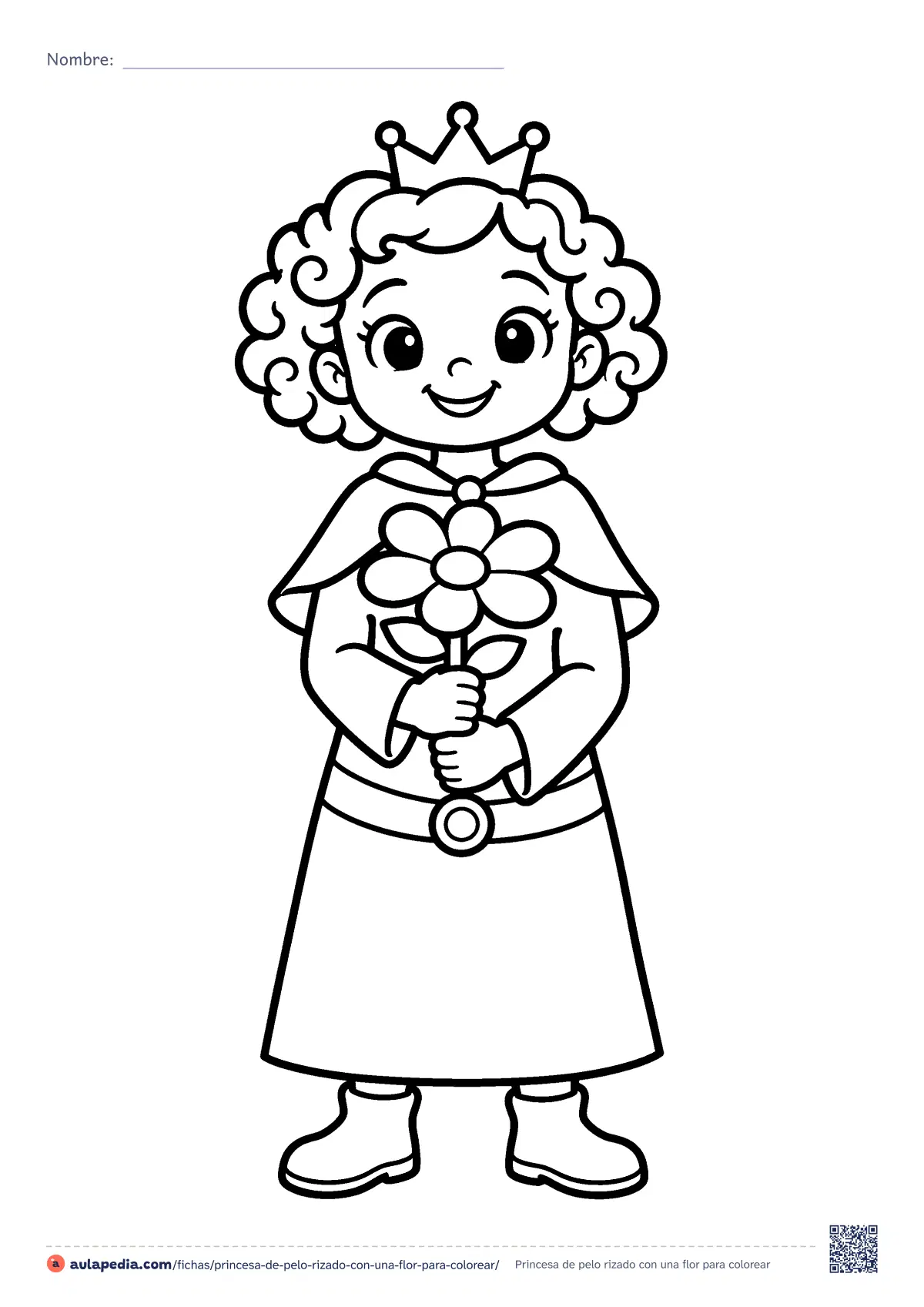 Primera página de la ficha «Princesa de pelo rizado con una flor»: una princesa de pelo rizado, con corona, capa corta, túnica y botas, sujeta una flor con las dos manos. Dibujo fácil para colorear, de trazo grueso.