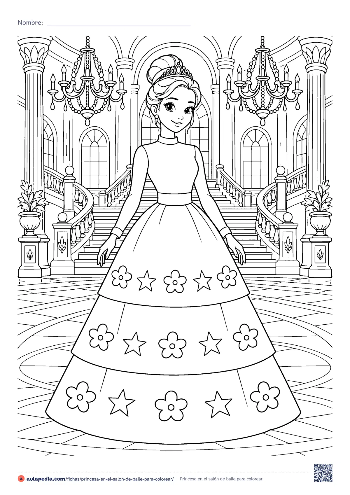 Primera página de la ficha «Princesa en el salón de baile»: una princesa con moño y tiara luce un vestido de tres pisos con flores y estrellas en un salón con lámparas de araña y escalinata. Lámina detallada.