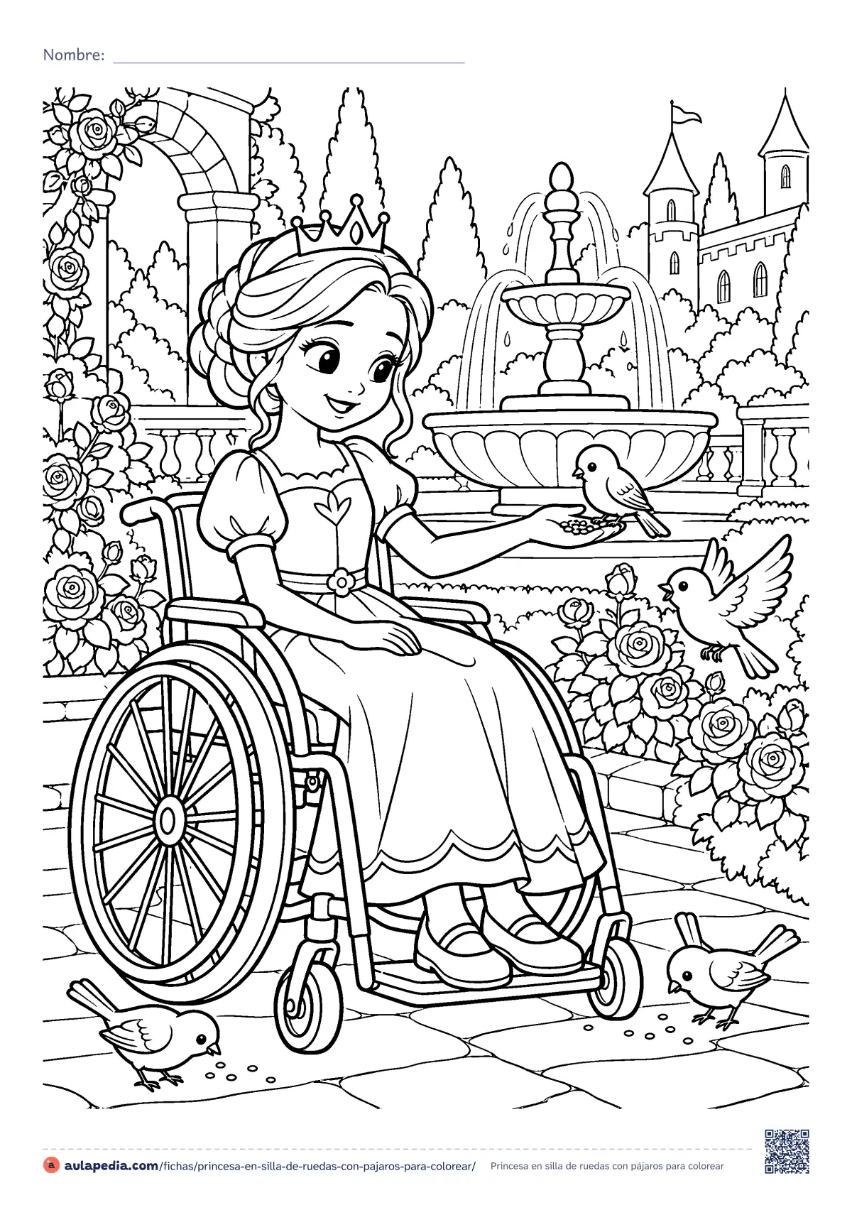 Primera página de la ficha «Princesa en silla de ruedas con pájaros»: una princesa en silla de ruedas da de comer a los pájaros en el jardín del castillo, entre rosales y una fuente. Lámina detallada para colorear.