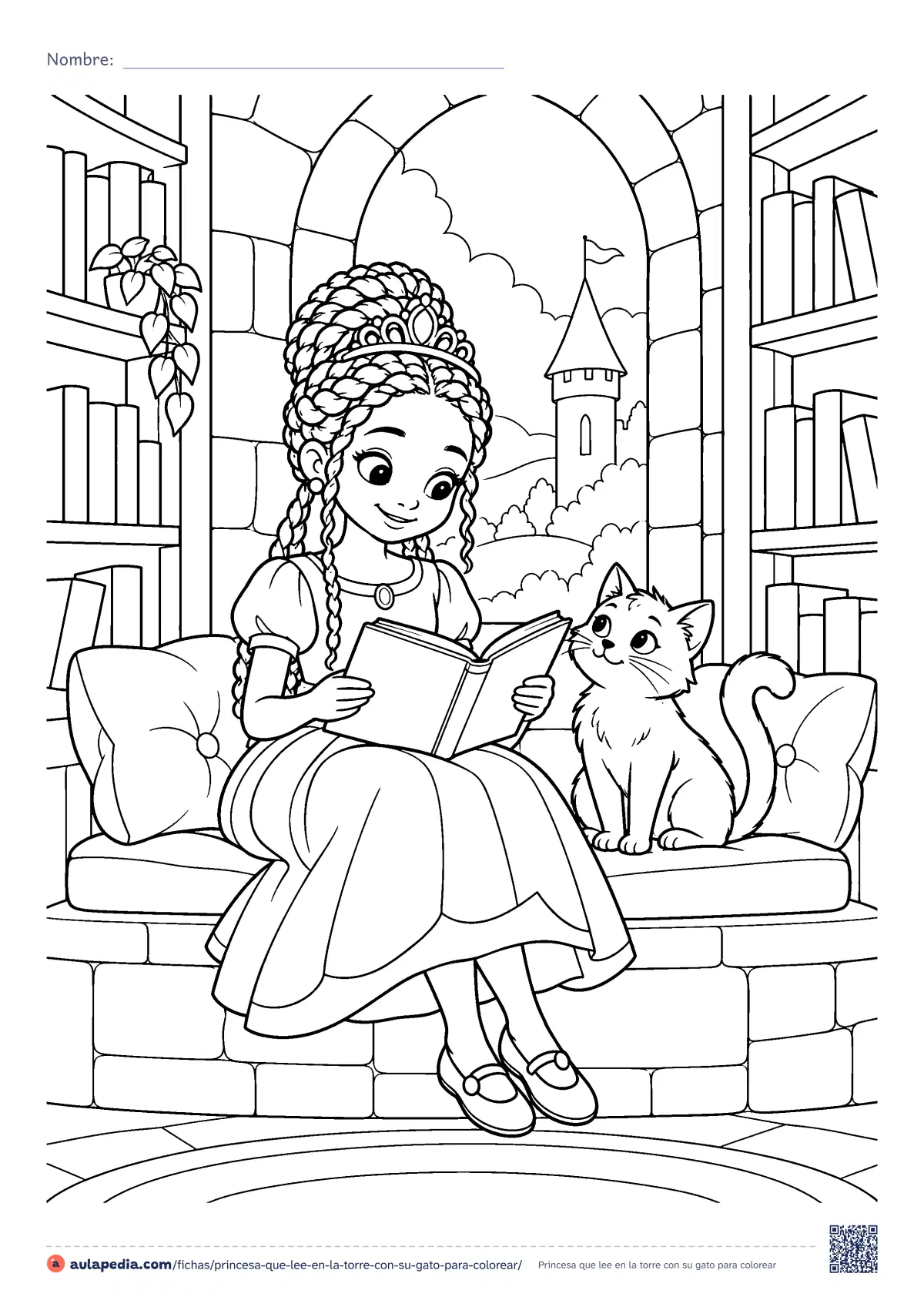 Primera página de la ficha «Princesa que lee en la torre con su gato»: una princesa de pelo trenzado lee junto a la ventana de la torre, con su gato al lado y rodeada de libros. Dibujo de dificultad media para colorear.