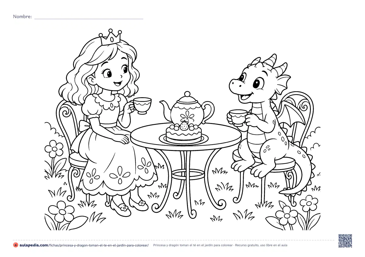 Primera página de la ficha «Princesa y dragón toman el té en el jardín»: tetera, dos tazas y un pastel con una fresa. Hoja apaisada para colorear, dificultad media.