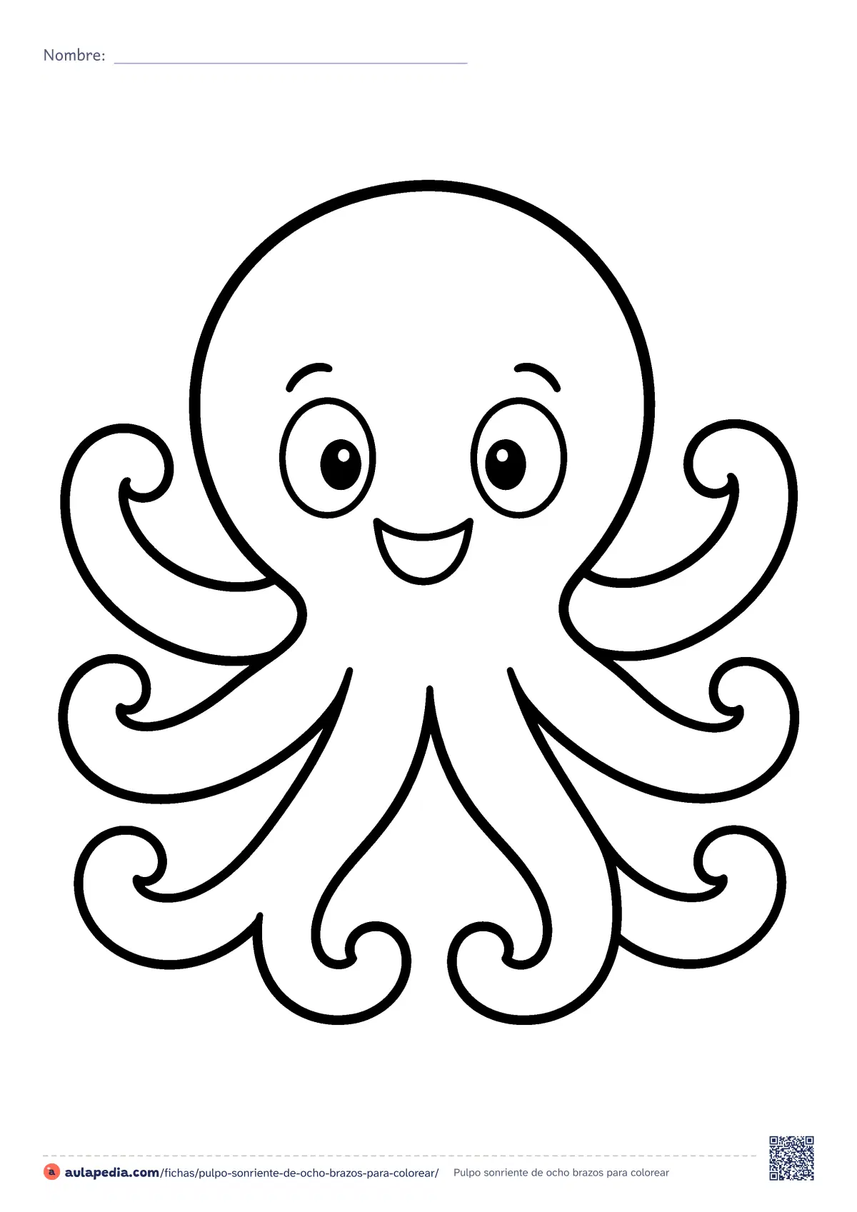 Primera página de la ficha «Pulpo sonriente de ocho brazos»: un pulpo de cabeza redonda y ocho brazos enroscados en la punta, para contar y colorear. Dibujo fácil de contorno grueso.
