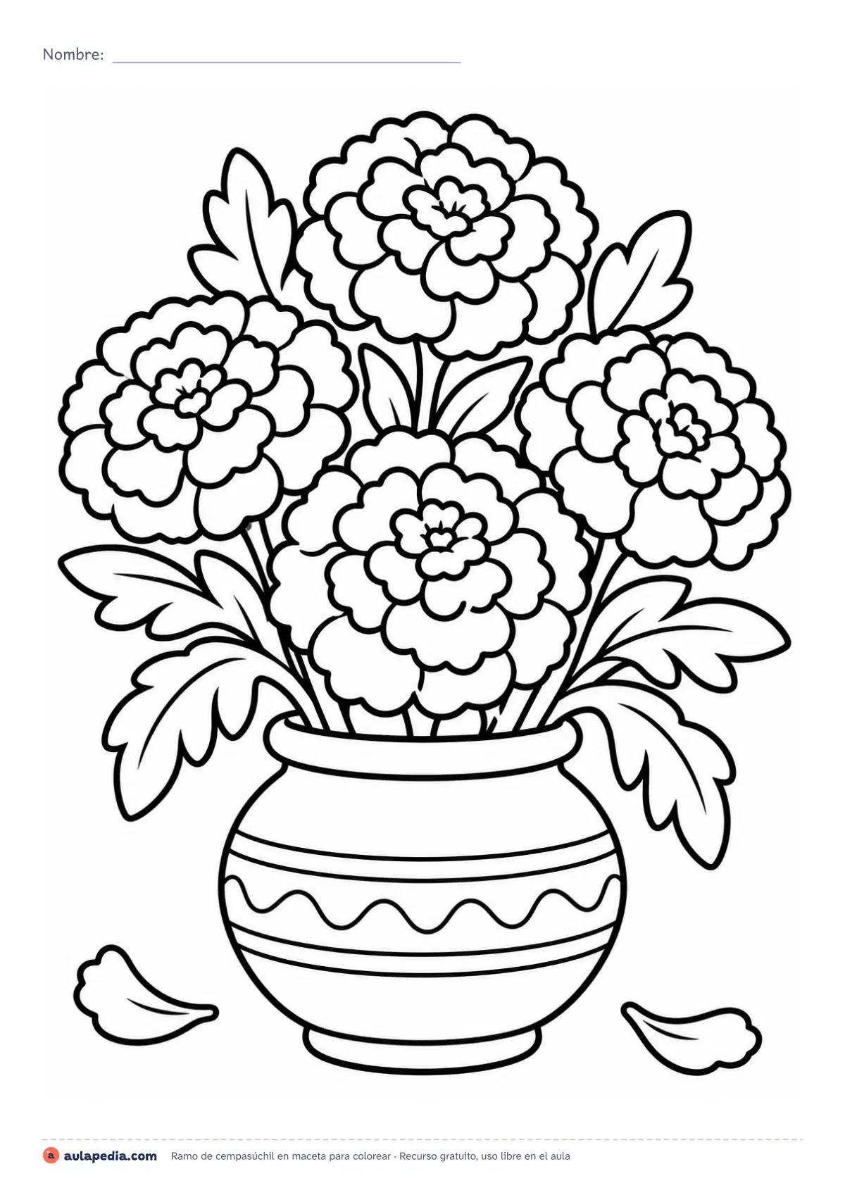 Primera página de la ficha «Ramo de cempasúchil en maceta»: ramo de flores de cempasúchil en una maceta de barro para colorear. Lámina fácil de Día de Muertos, con zonas grandes.