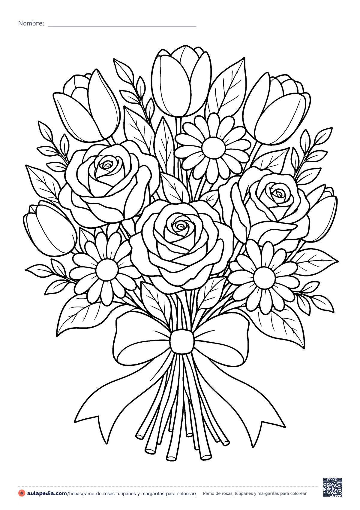 Primera página de la ficha «Ramo de rosas, tulipanes y margaritas»: un ramo con rosas, tulipanes, margaritas y hojas, atado con un lazo grande. Dibujo de dificultad media para regalar.