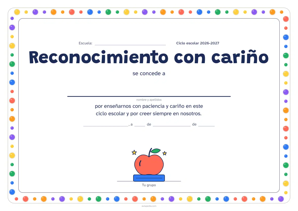Primera página de la ficha «Reconocimiento con cariño · México»: reconocimiento para la maestra o el maestro en el Día del Maestro del 15 de mayo, con una manzana sobre un libro y la firma del grupo. Tres estilos.