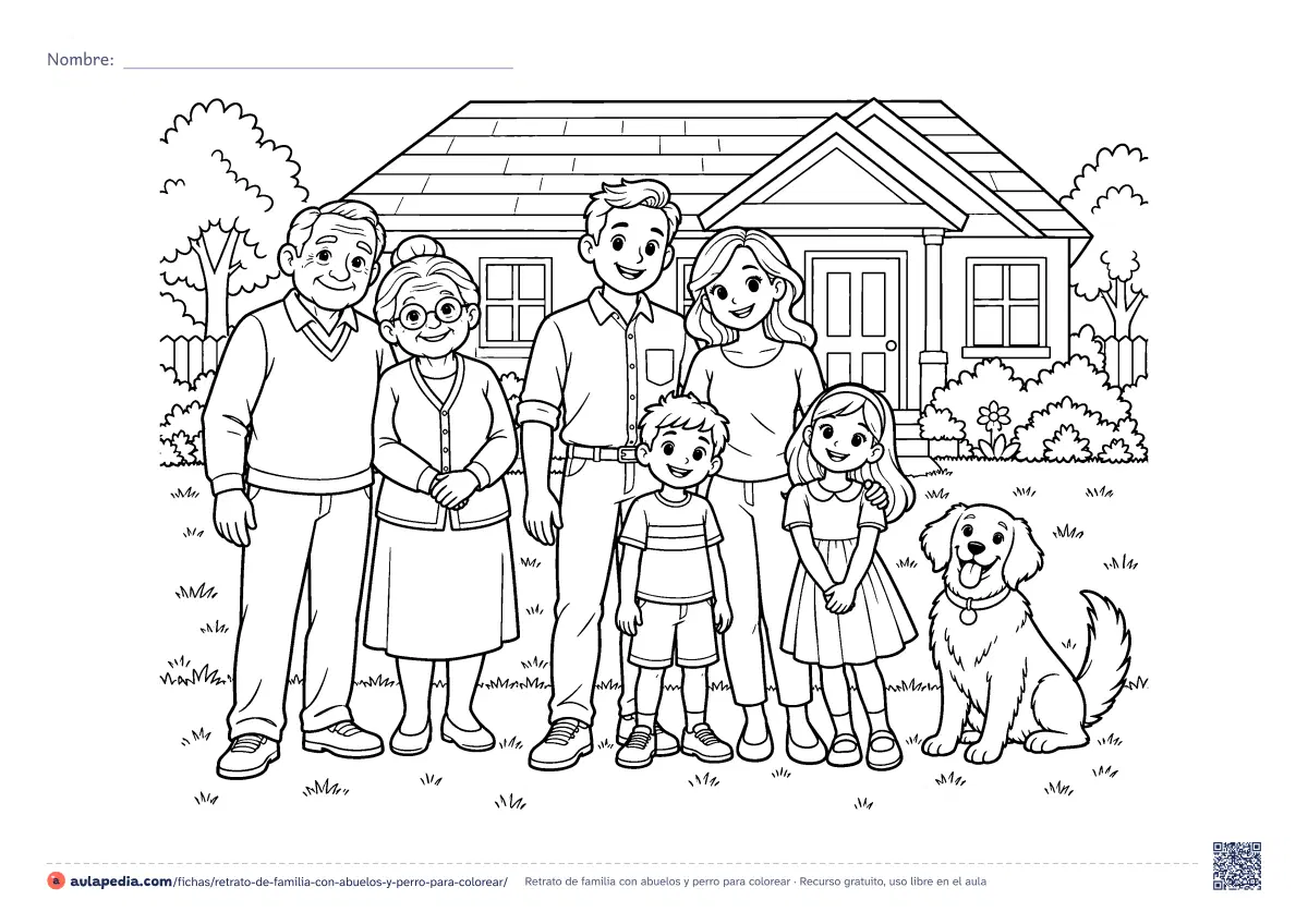 Primera página de la ficha «Retrato de familia con abuelos y perro»: abuelo, abuela, padre, madre, un niño, una niña y su perro posan delante de casa. Retrato de familia para colorear, apaisado y de dificultad media.