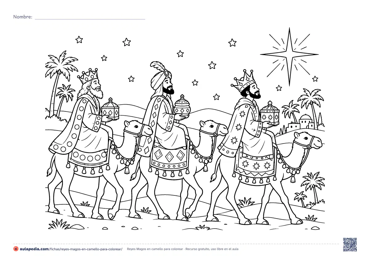 Primera página de la ficha «Reyes Magos en camello»: los tres Reyes Magos cruzan el desierto en camello con sus regalos y siguen una gran estrella entre palmeras. Para colorear.