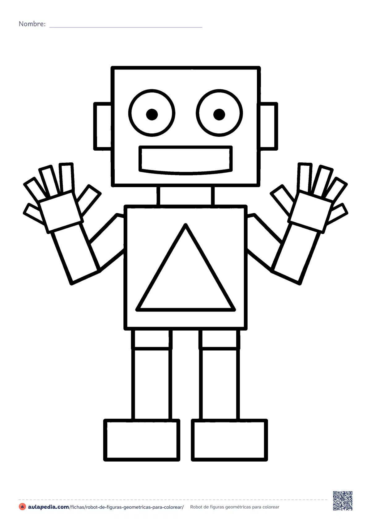 Primera página de la ficha «Robot de figuras geométricas»: un robot hecho con cuadrados, rectángulos, círculos y un triángulo. Dibujo fácil para colorear y repasar las figuras geométricas en Infantil.