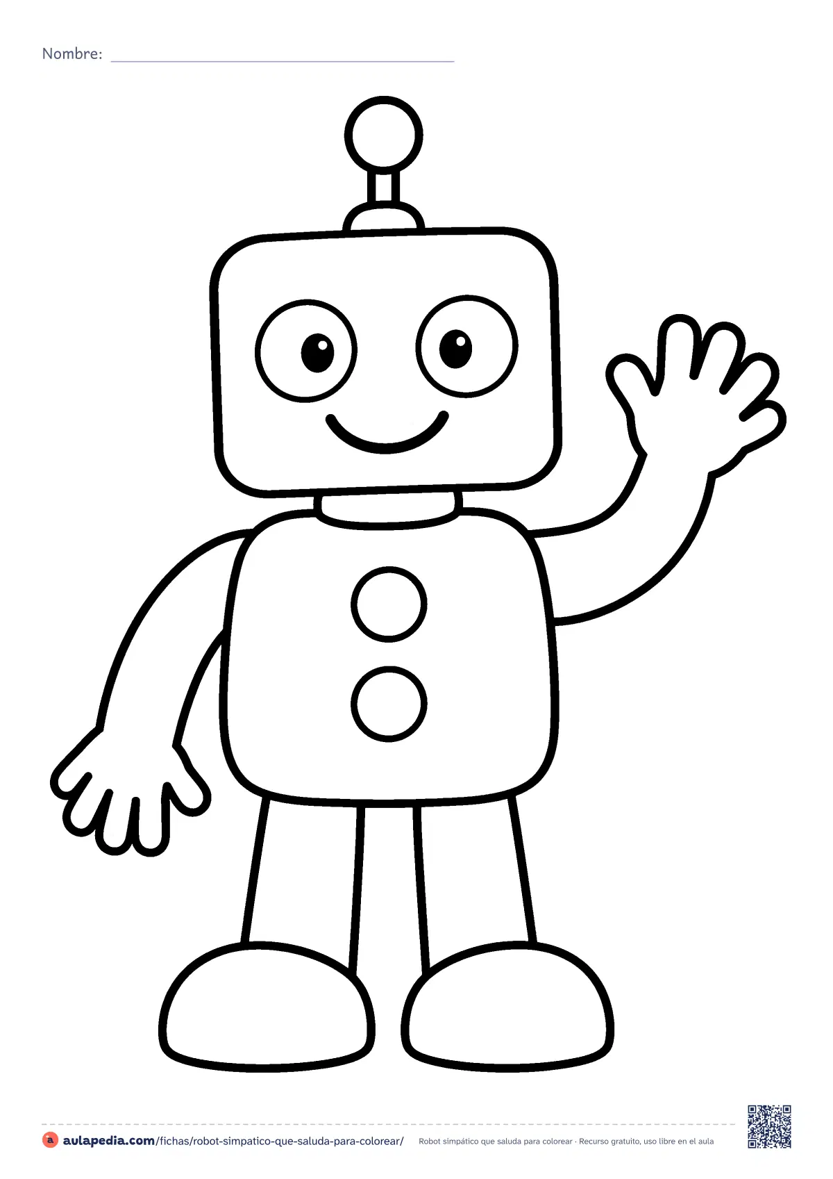 Primera página de la ficha «Robot simpático que saluda»: un robot sonriente de cabeza rectangular saluda con la mano. Dibujo fácil para colorear, hecho de formas sencillas y contorno grueso.
