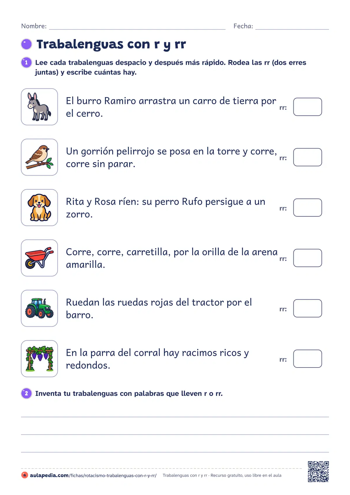 Primera página de la ficha «Trabalenguas con r y rr»: la lectura empieza «El burro Ramiro arrastra un carro de tierra por el cerro. Un gorrión pelirrojo se posa en la…»