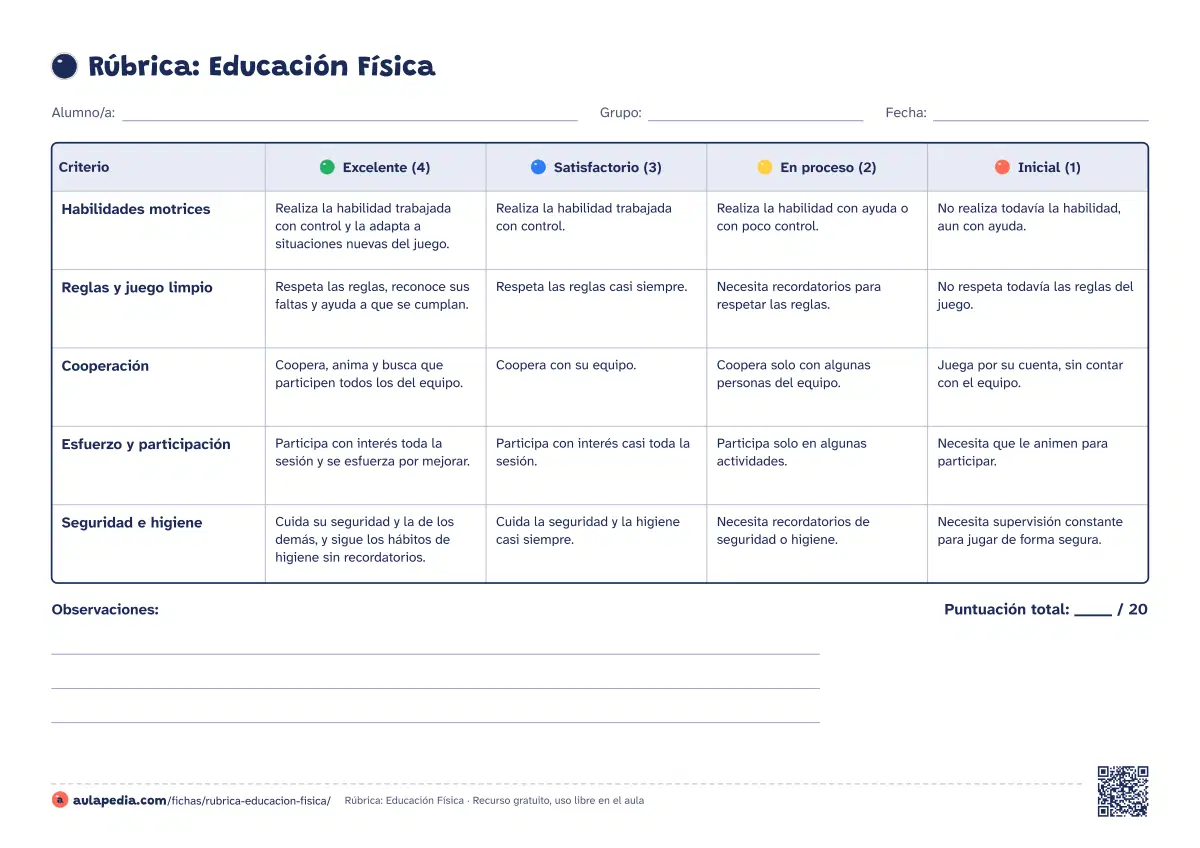 Primera página de la ficha «Rúbrica: Educación Física»: habilidades motrices, reglas y juego limpio, cooperación, esfuerzo y seguridad e higiene, en 4 niveles.