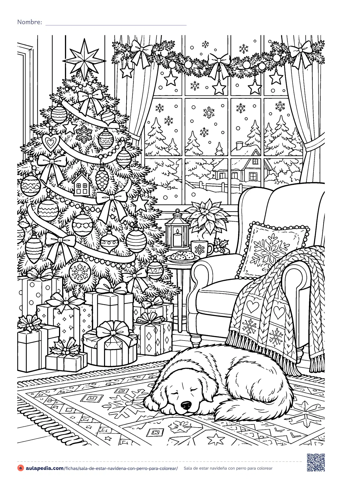 Primera página de la ficha «Sala de estar navideña con perro»: sala de estar con árbol muy adornado, regalos, ventana nevada, sillón con manta de punto y un perro dormido. Detallada.