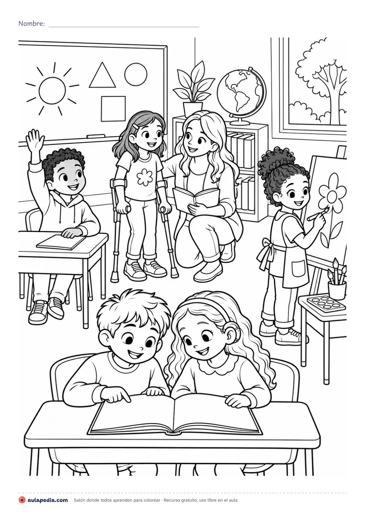 Primera página de la ficha «Salón donde todos aprenden»: niños que leen, pintan y opinan con su maestra. Lámina sobre el derecho a la educación.