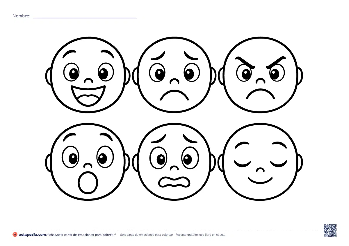 Primera página de la ficha «Seis caras de emociones»: alegría, tristeza, enfado, sorpresa, miedo y calma. Dibujo fácil para colorear, recortar y hablar de cómo nos sentimos.
