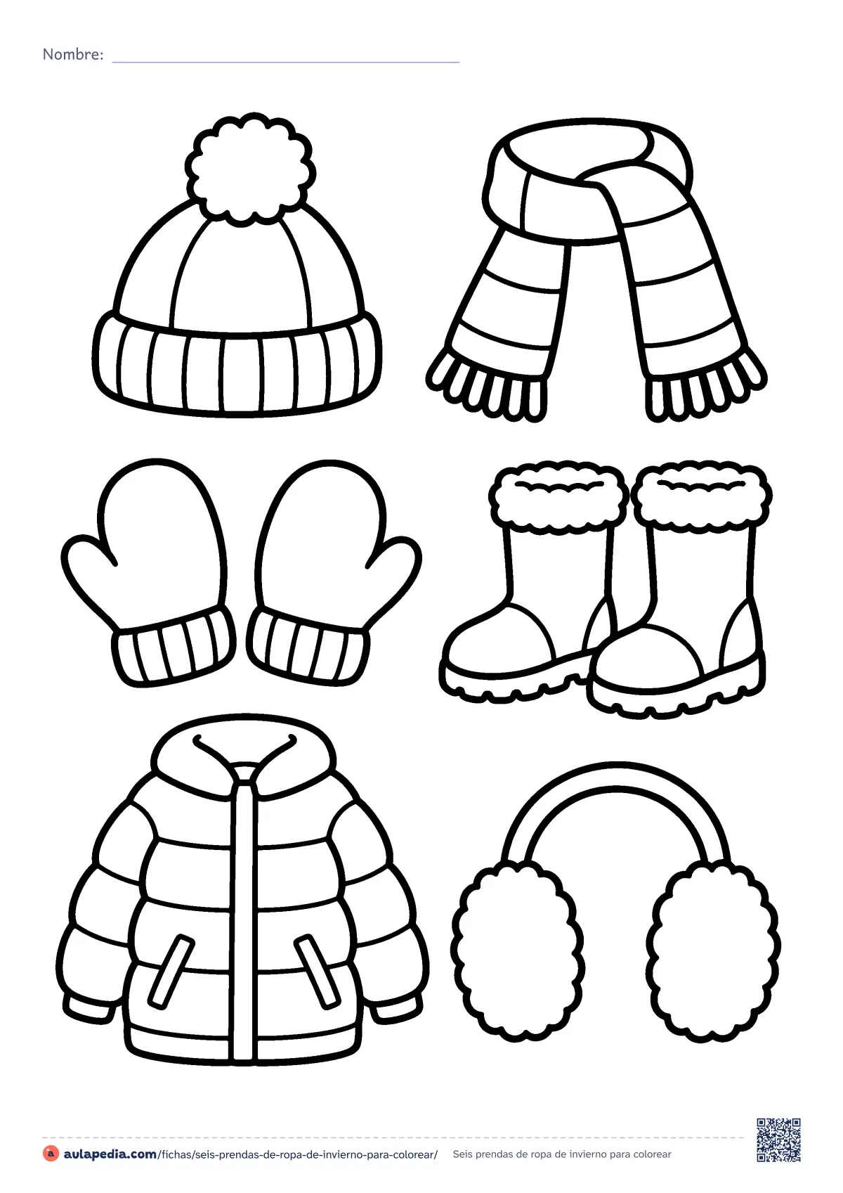 Primera página de la ficha «Seis prendas de ropa de invierno»: gorro con pompón, bufanda, manoplas, botas, abrigo acolchado y orejeras, grandes y separados. Fácil, para vocabulario;.