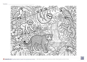 Vista previa de «Selva tropical con jaguar, tucán y perezoso»