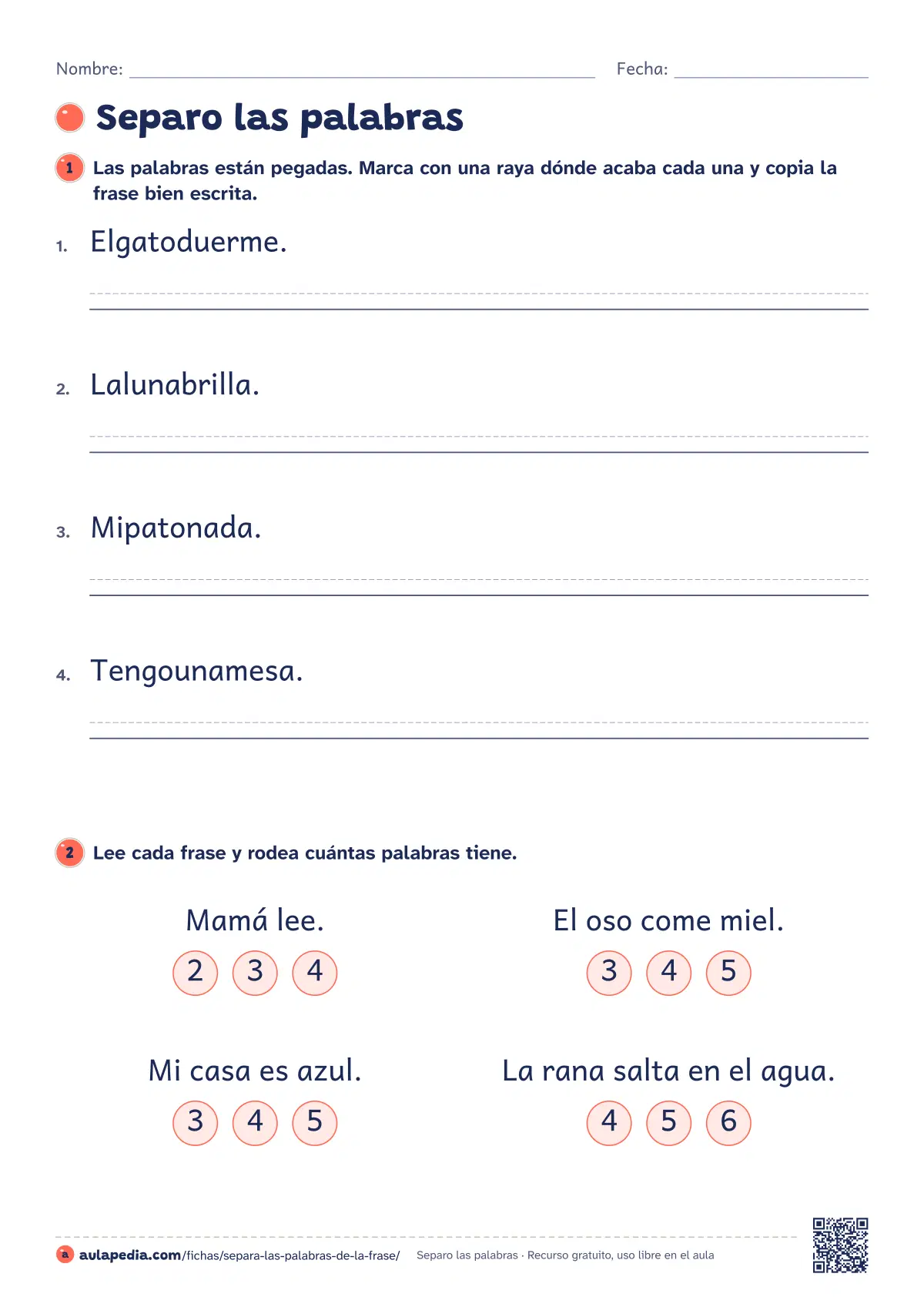 Primera página de la ficha «Separa las palabras»: frases escritas con las palabras pegadas para separarlas y copiarlas bien, y frases para contar sus palabras. Para 1.º de Primaria.