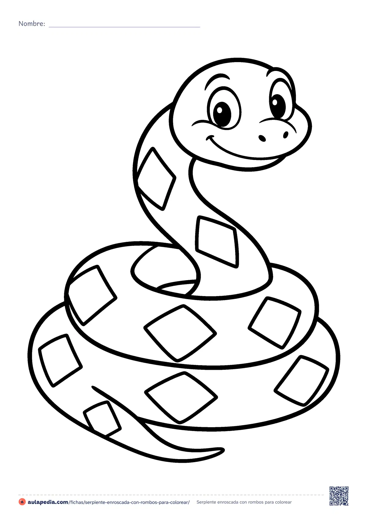 Primera página de la ficha «Serpiente enroscada con rombos»: una serpiente simpática, enroscada y con la cabeza en alto, lleva una fila de rombos por todo el cuerpo. Fácil de colorear;.