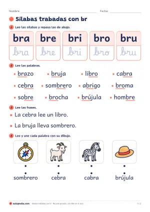 Fichas de sílabas trabadas BR: bra, bre, bri, bro, bru