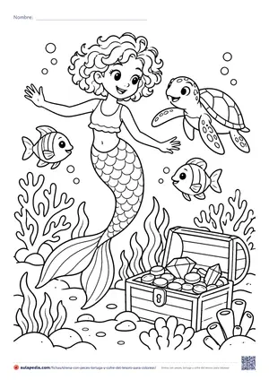 Vista previa de «Sirena con peces, tortuga y cofre del tesoro»