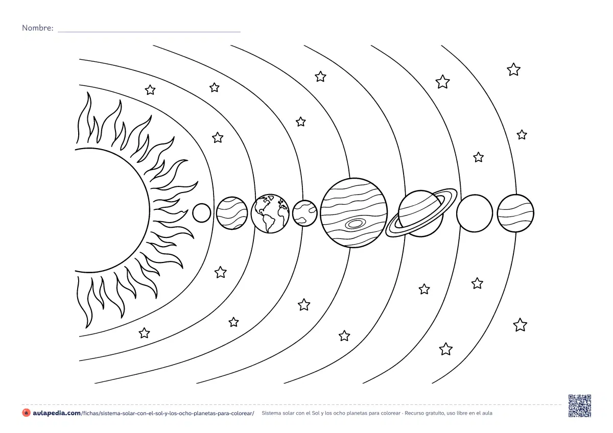 Primera página de la ficha «Sistema solar con el Sol y los ocho planetas»: El Sol y los ocho planetas en su orden, de Mercurio a Neptuno, con órbitas y estrellas. Hoja apaisada de dificultad media.