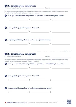 Cuestionario del sociograma para imprimir (México): Cuestionario del sociograma para México: tres preguntas de elección positiva con «tu maestro o maestra», dos por hoja y con la guía de aplicación.