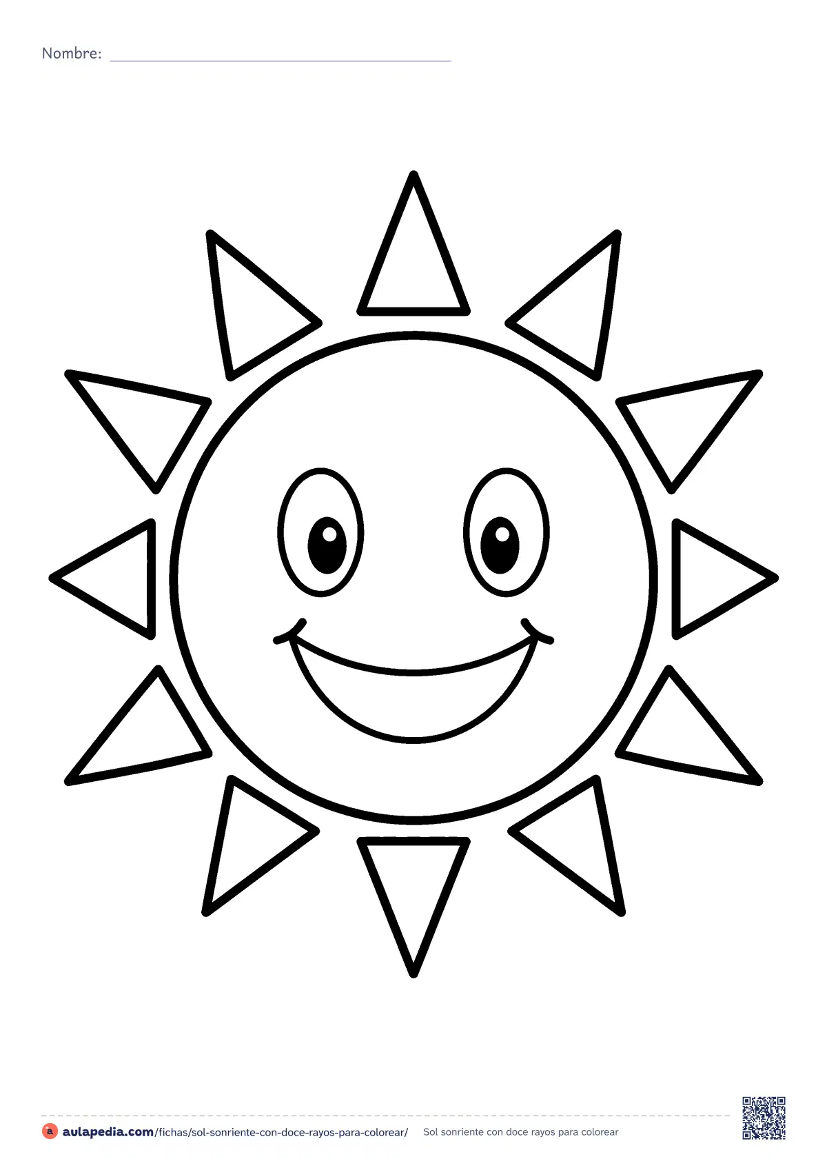Primera página de la ficha «Sol sonriente con doce rayos»: un sol redondo y sonriente con doce rayos en forma de triángulo, para contar y alternar dos colores. Lámina fácil.