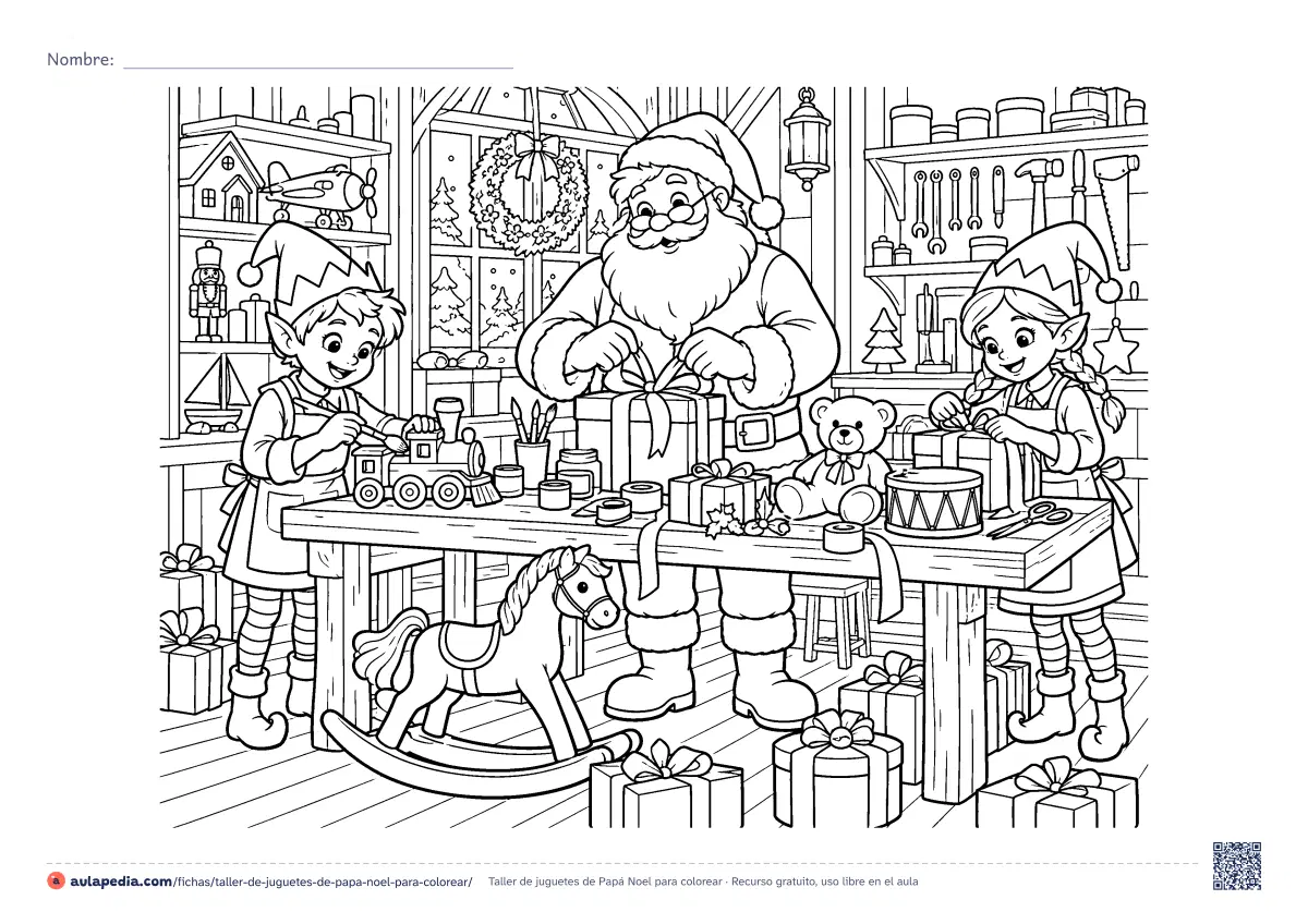 Primera página de la ficha «Taller de juguetes de Papá Noel»: tren, caballito, osito y tambor. Lámina detallada.