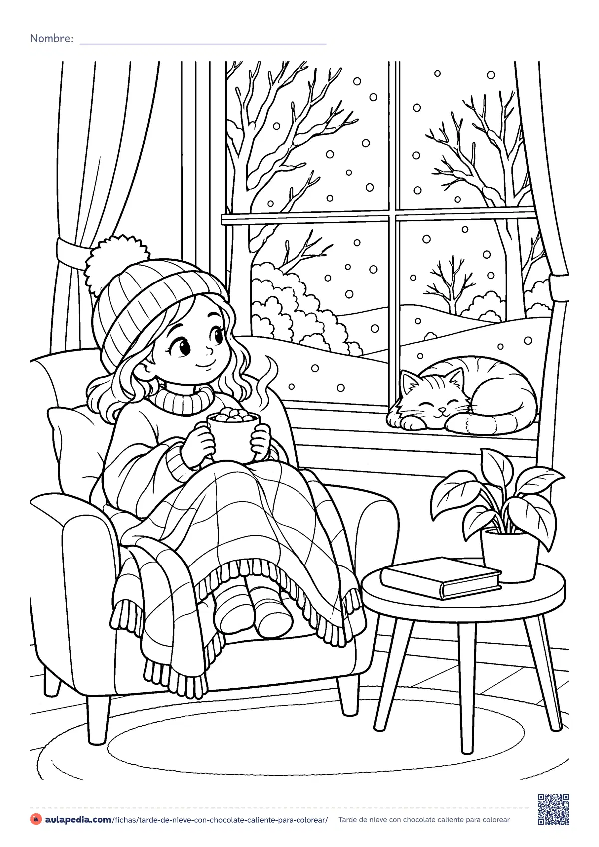 Primera página de la ficha «Tarde de nieve con chocolate caliente»: niña con gorro y manta en un sillón, con una taza de chocolate, mira nevar; un gato duerme en el alféizar. Dibujo en A4 y en Carta.