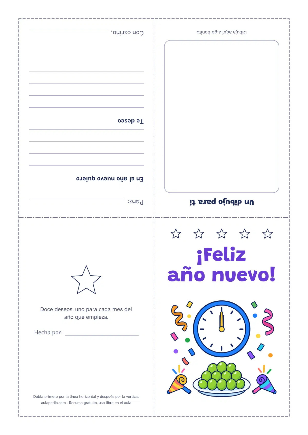 Primera página de la ficha «Tarjeta de año nuevo con doce deseos para escribir»: tarjeta de año nuevo con el reloj a las doce, confeti y uvas, a color y para colorear: por dentro, deseos e ideas para empezar el año.