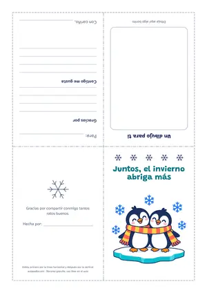 Vista previa de «Tarjeta de invierno con pingüinos para colorear y regalar»