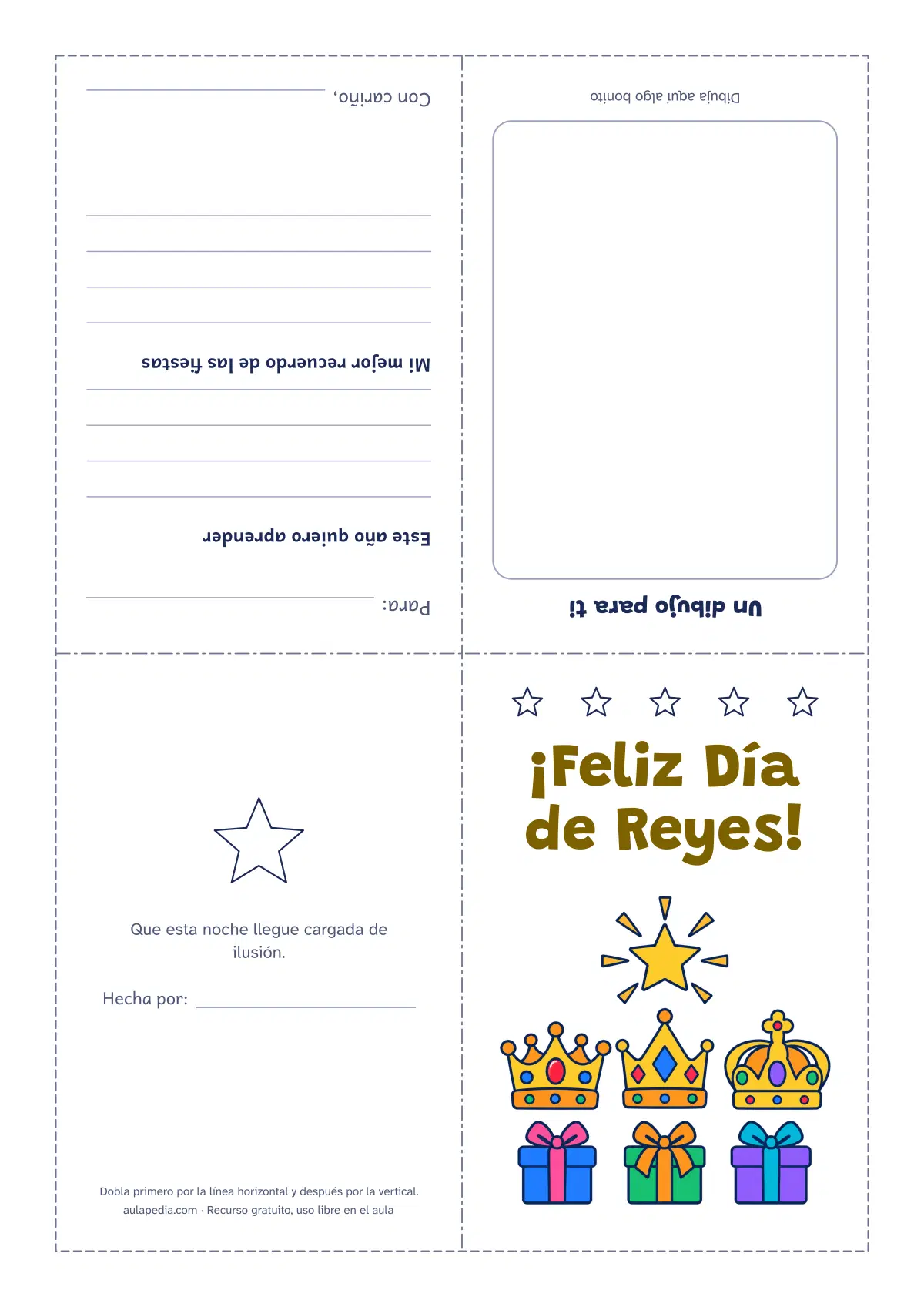 Primera página de la ficha «Tarjeta del Día de Reyes: a color y para colorear»: una hoja a color y otra para colorear, para doblar en cuatro y escribir.