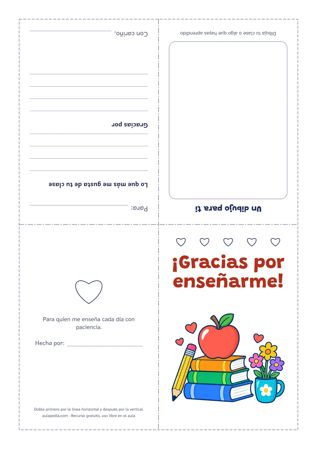 Primera página de la ficha «Tarjeta para el Día del Maestro: a color y para colorear»: una a color con manzana y libros y otra para colorear con una pizarra y flores, para doblar en cuatro.