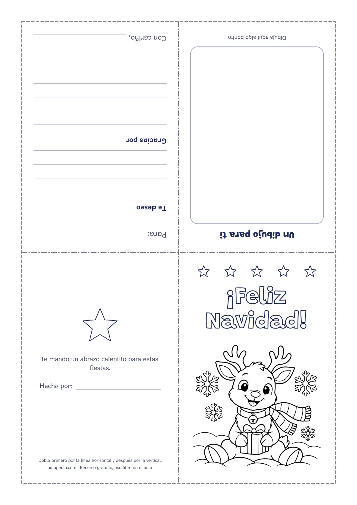 Primera página de la ficha «Tarjetas de Navidad para colorear: 6 diseños para doblar»: reno, muñeco de nieve, árbol, estrella, nochebuenas y Axi, con interior para escribir y dibujar.