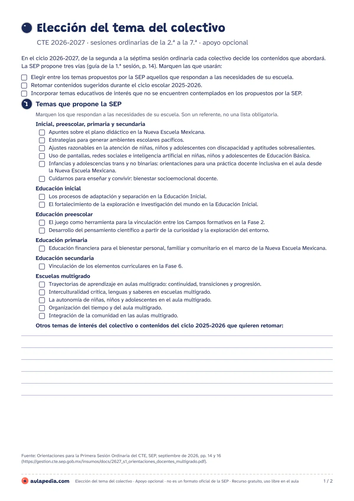 Primera página de la ficha «Elección del tema del CTE»: los temas que propone la SEP para el CTE 2026-2027 con casillas para marcar, comparar candidatos y armar el itinerario del colectivo.