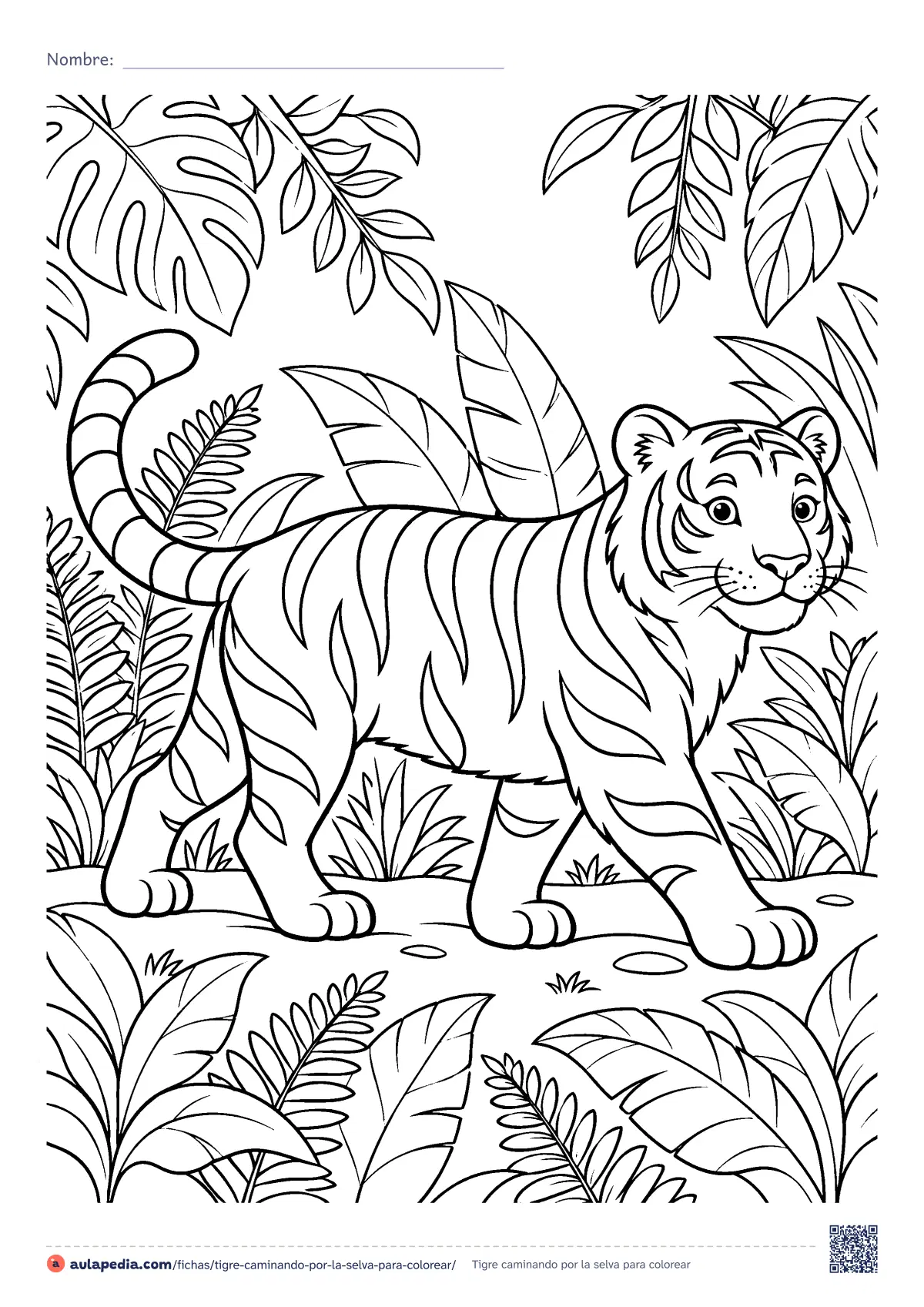 Primera página de la ficha «Tigre caminando por la selva»: un tigre camina entre hojas grandes y helechos, con las rayas dibujadas como formas cerradas para colorearlas una a una.
