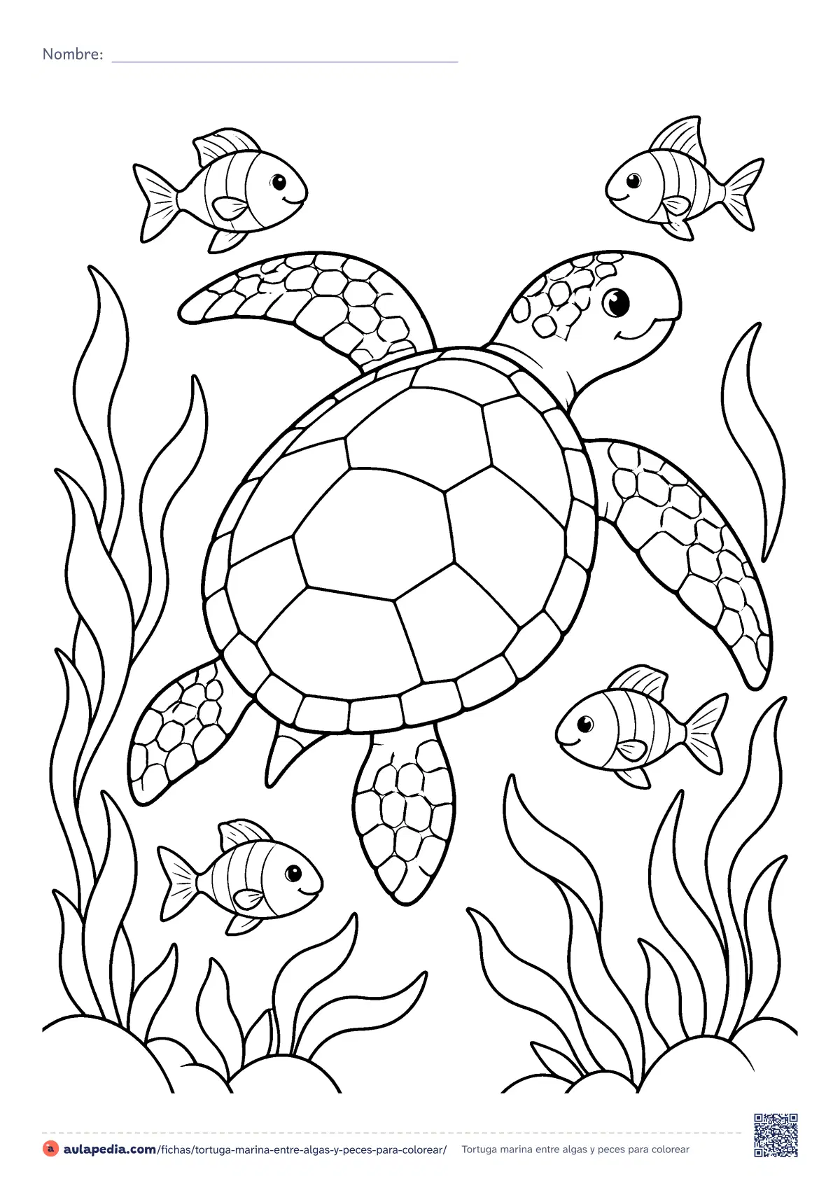 Primera página de la ficha «Tortuga marina entre algas y peces»: una tortuga marina de caparazón a placas nada entre algas y cuatro peces rayados. Dibujo de dificultad media para colorear.