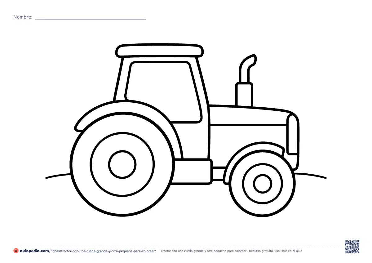 Primera página de la ficha «Tractor con una rueda grande y otra pequeña»: un tractor visto de lado, con su rueda trasera enorme y la delantera pequeña. Dibujo fácil para colorear en hoja apaisada, de trazo grueso.